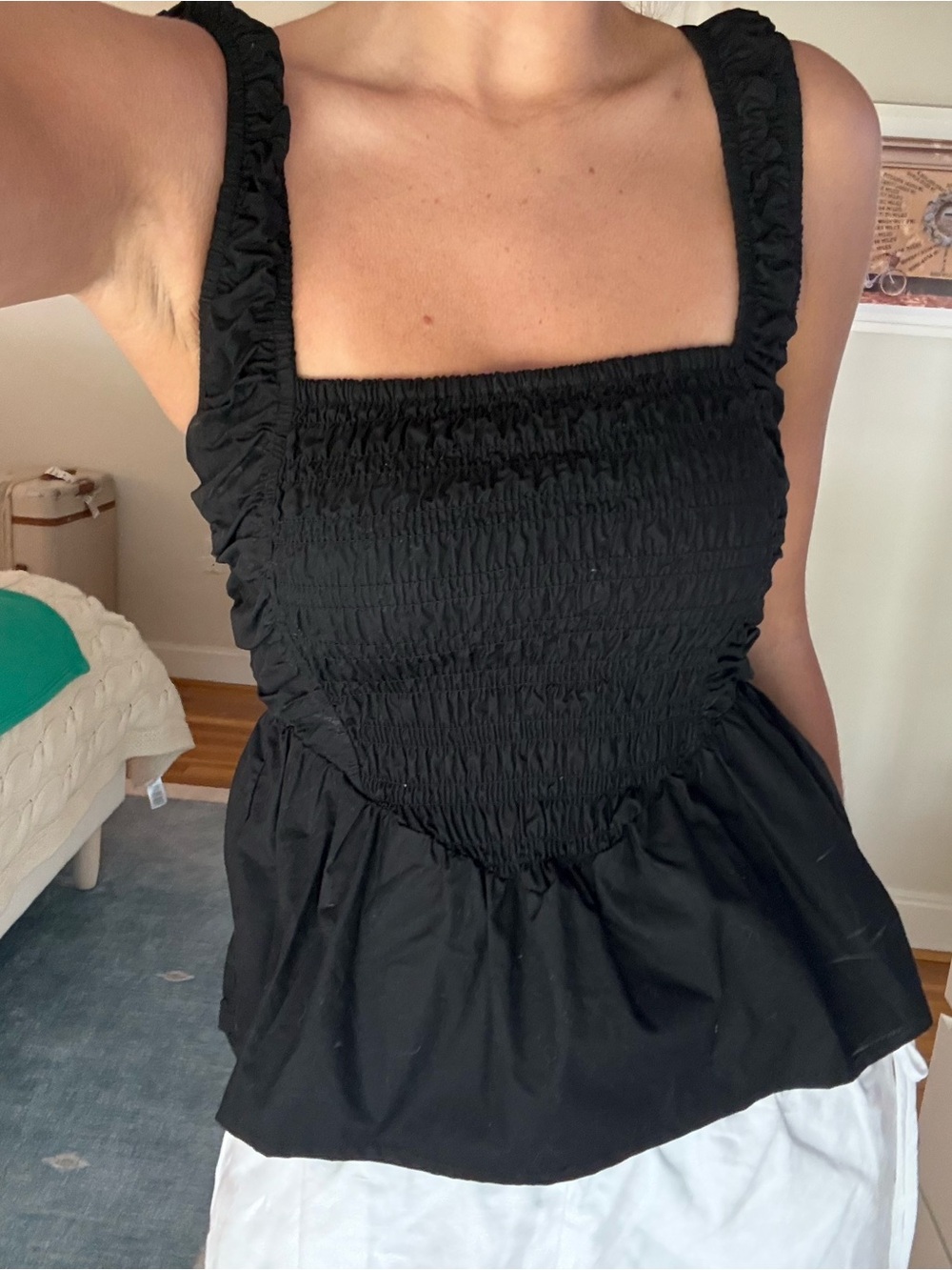 Ganni Black Smocked Square-Neck Camisole